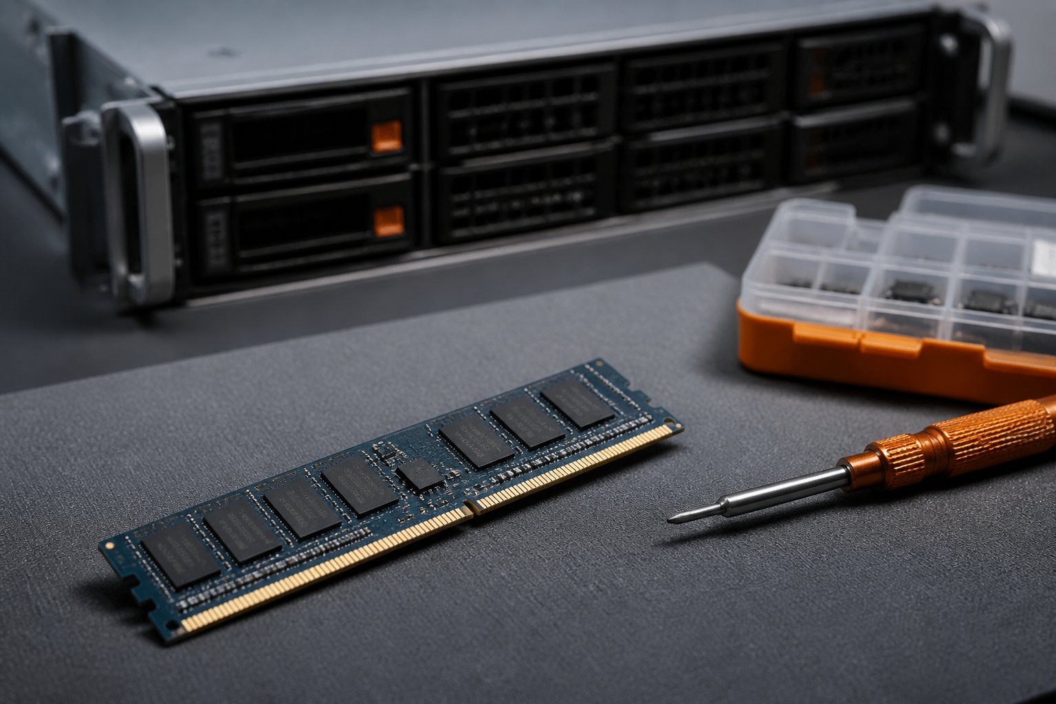 Barrette de mémoire vive générique posée sur un tapis antistatique avec tournevis de précision