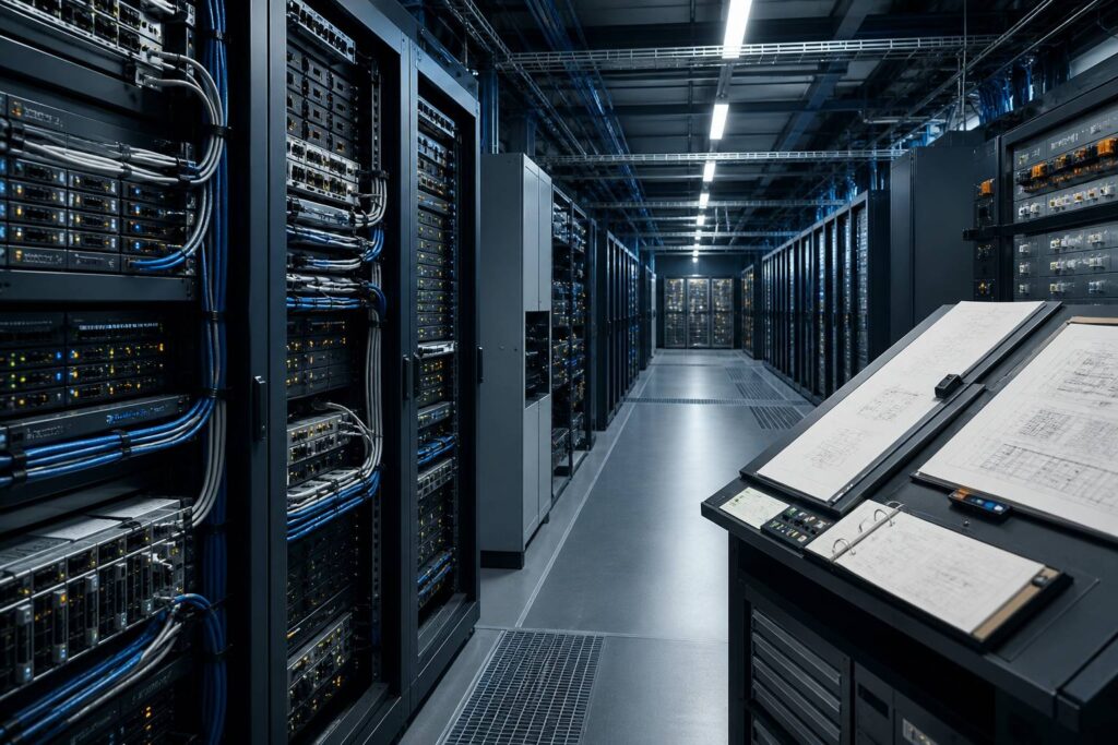 Salle de serveurs organisée pour la gestion d'un infocentre de données