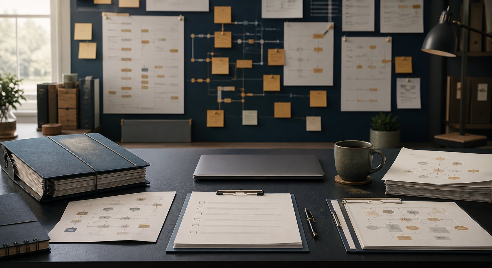 Table de travail d'ingénieur avec listes papier, schémas de flux flous et ordinateur portable