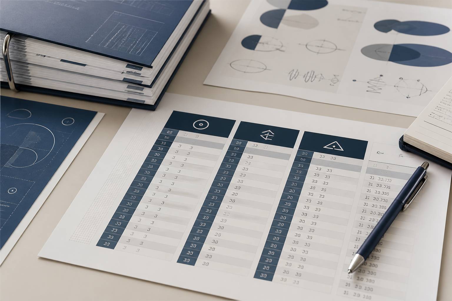 Tableau comparatif papier à trois colonnes de chiffres stylisés pour une étude de coûts
