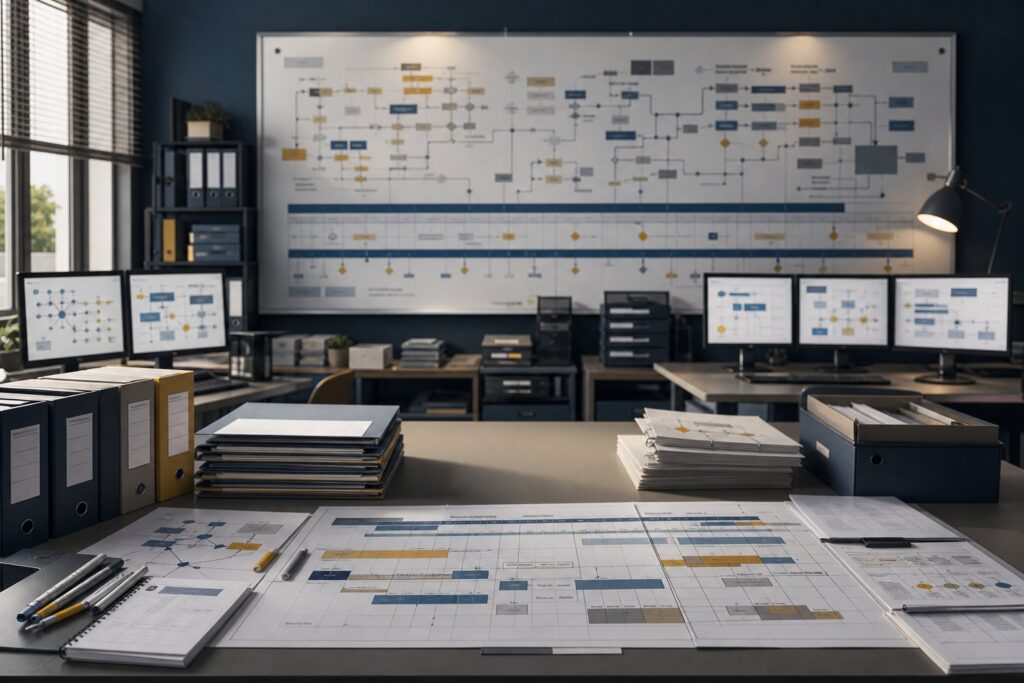 Salle de projet de migration informatique avec tableau de diagrammes flous et postes de travail