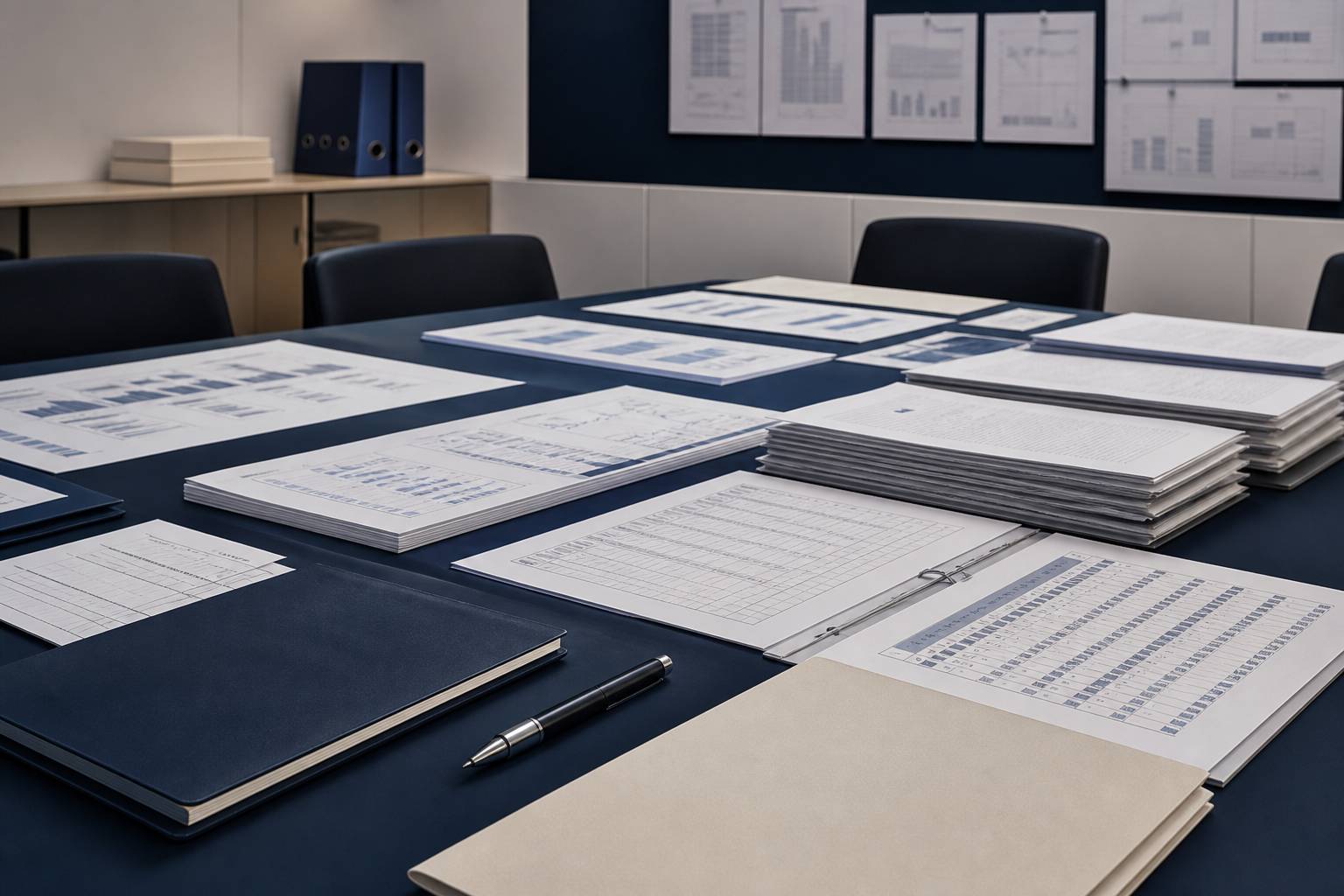 Journaux d'audit papier et captures annotées sur une table de revue de projet