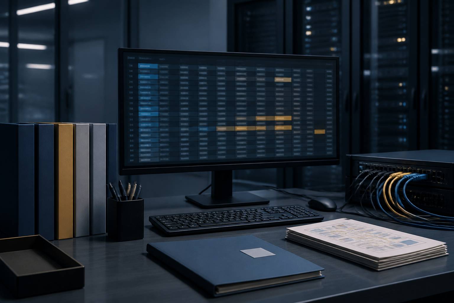 Pupitre de reporting avec tableau de données et documentation technique