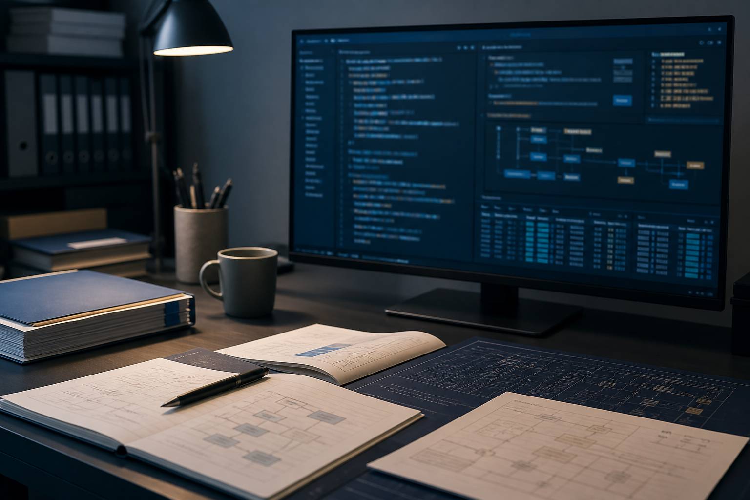 Poste de travail avec requêtes SQL stylisées illisibles et carnet technique