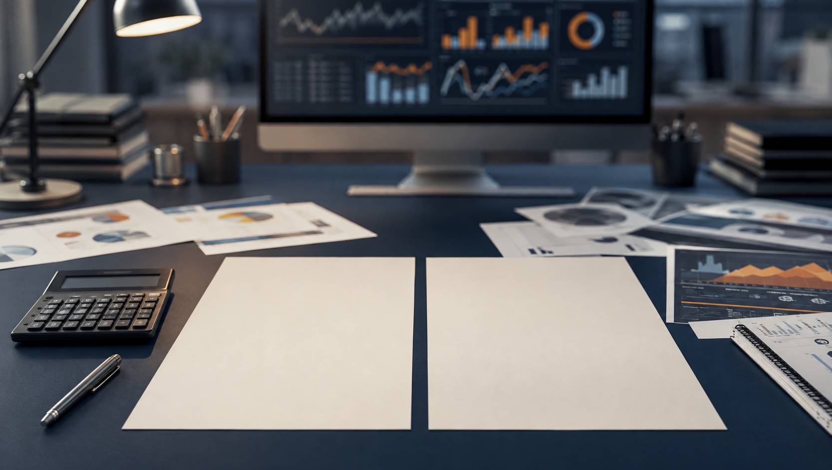 Bureau d'analyse avec documents vierges, calculatrice et écran de graphiques en arrière-plan