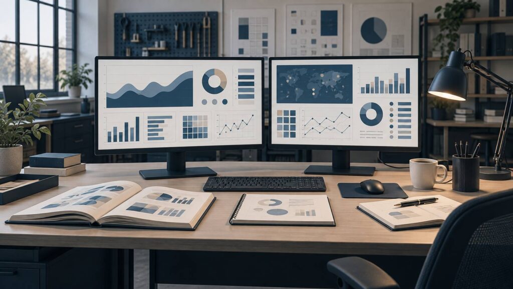 Bureau d'analyste avec écrans de tableaux de bord BI