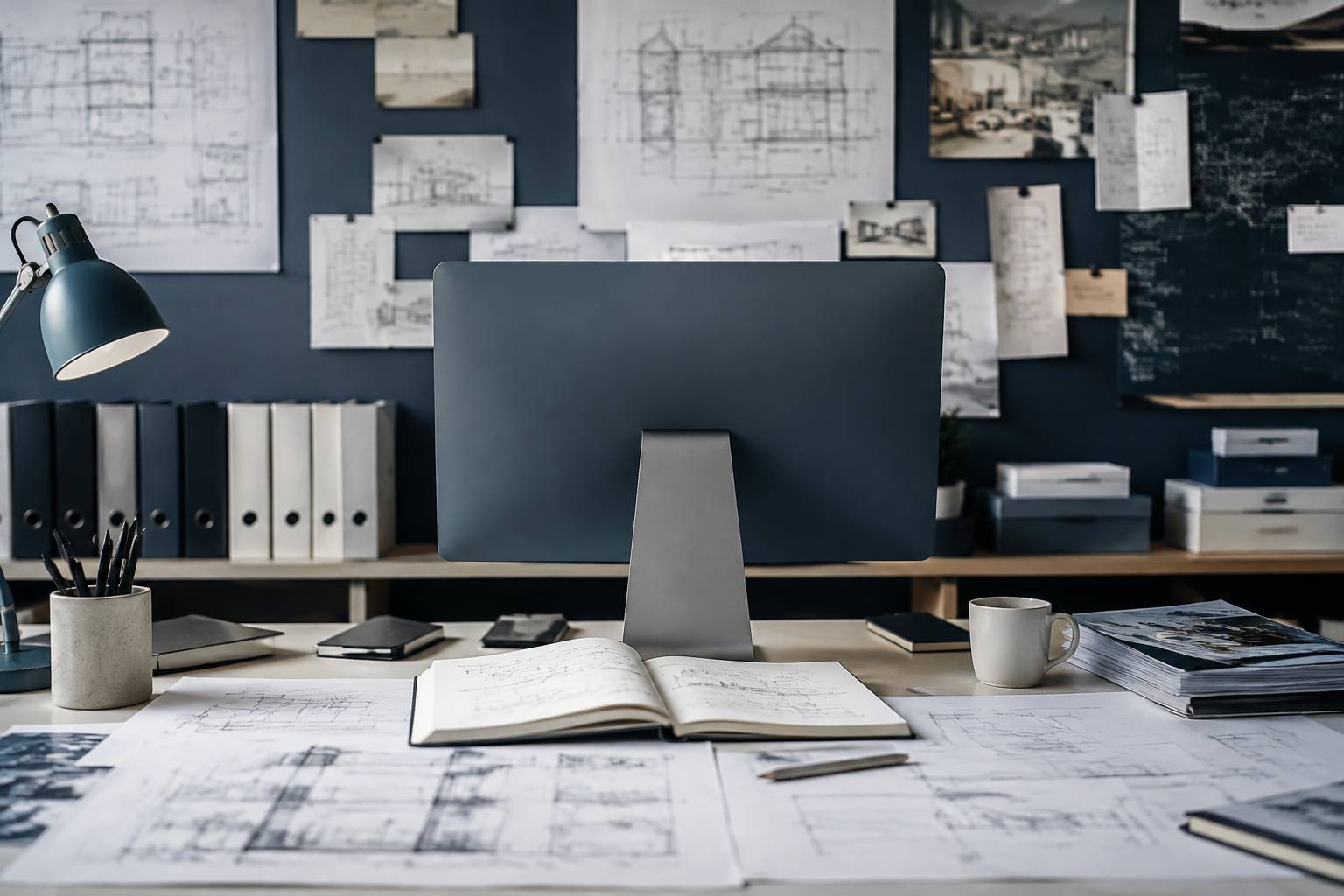 Bureau technique avec écran de schéma d'architecture et documents de migration