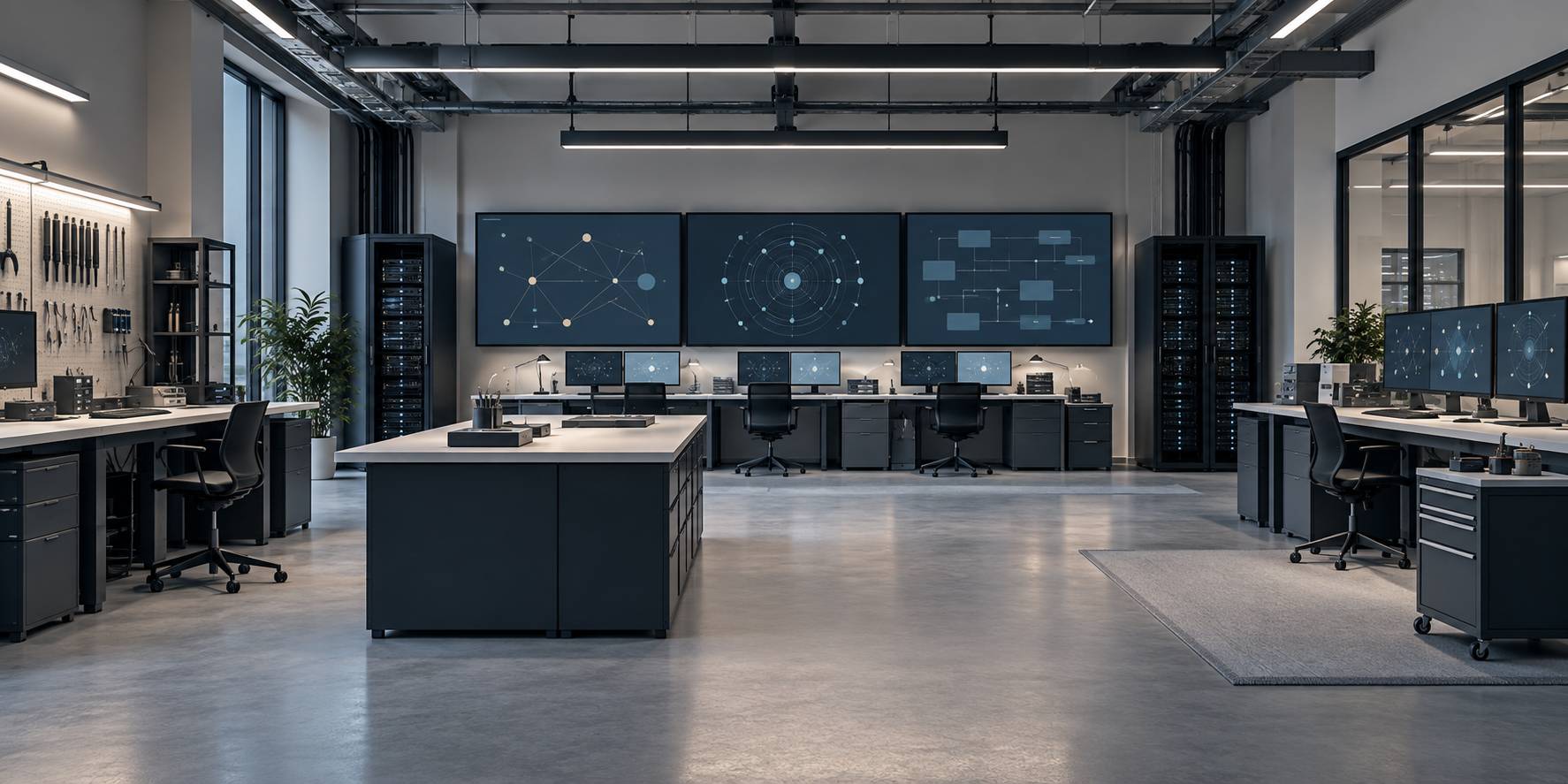 Salle d'atelier informatique avec ecrans muraux et cablage soigne