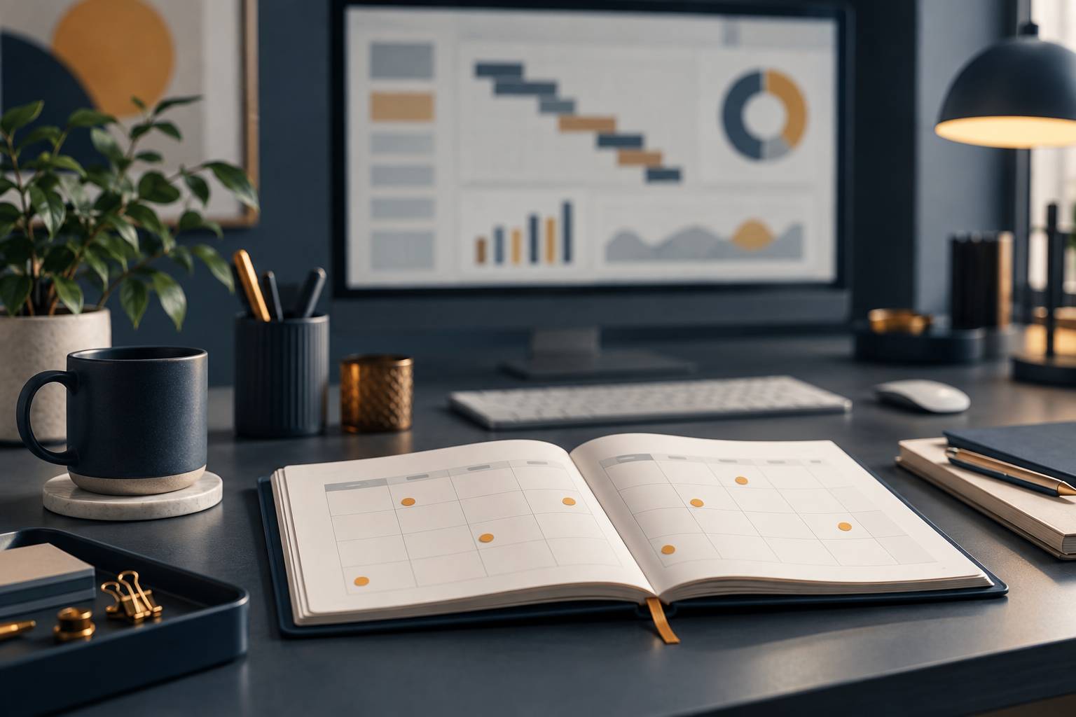 Agenda avec dates entourées en ambre sur un bureau de projet