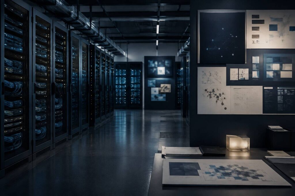 Salle de serveurs moderne éclairée de bleu pour une migration de données vers le cloud