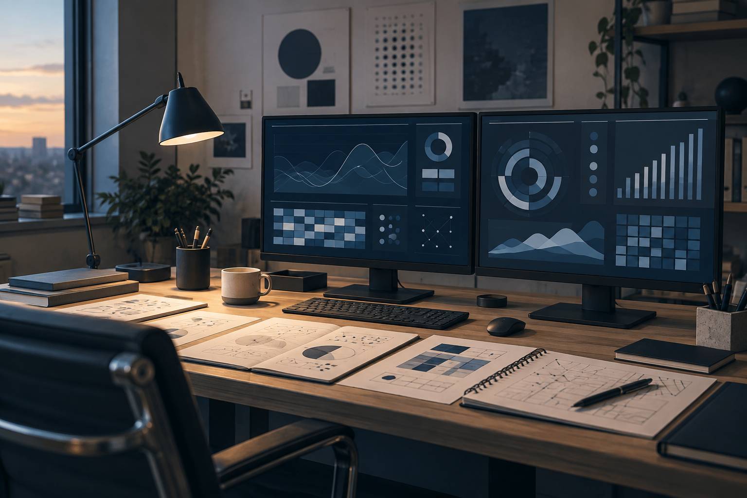 Bureau d'analyse avec écrans montrant des graphiques abstraits