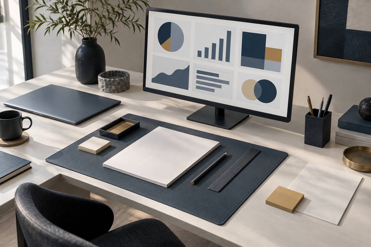 Écran à tableaux abstraits et post-it vierges sur une table de travail