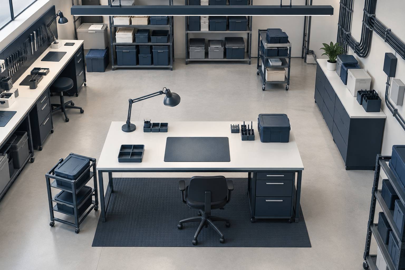 Botiers de stockage empiles et cables ranges dans un atelier technique