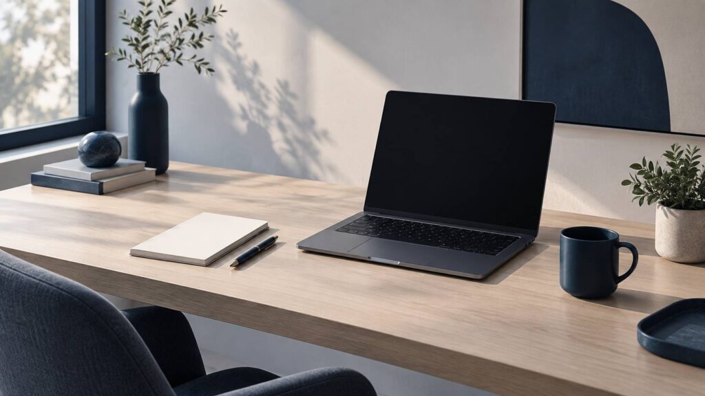 Bureau epure avec ordinateur eteint et bloc-notes vierge