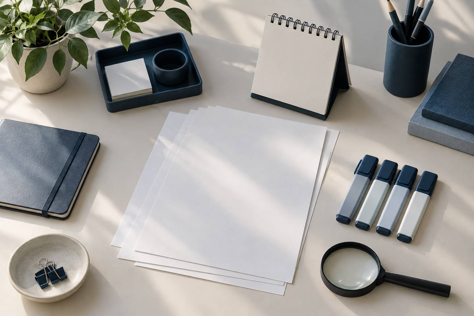 Feuilles blanches vierges et surligneurs sur une table de travail