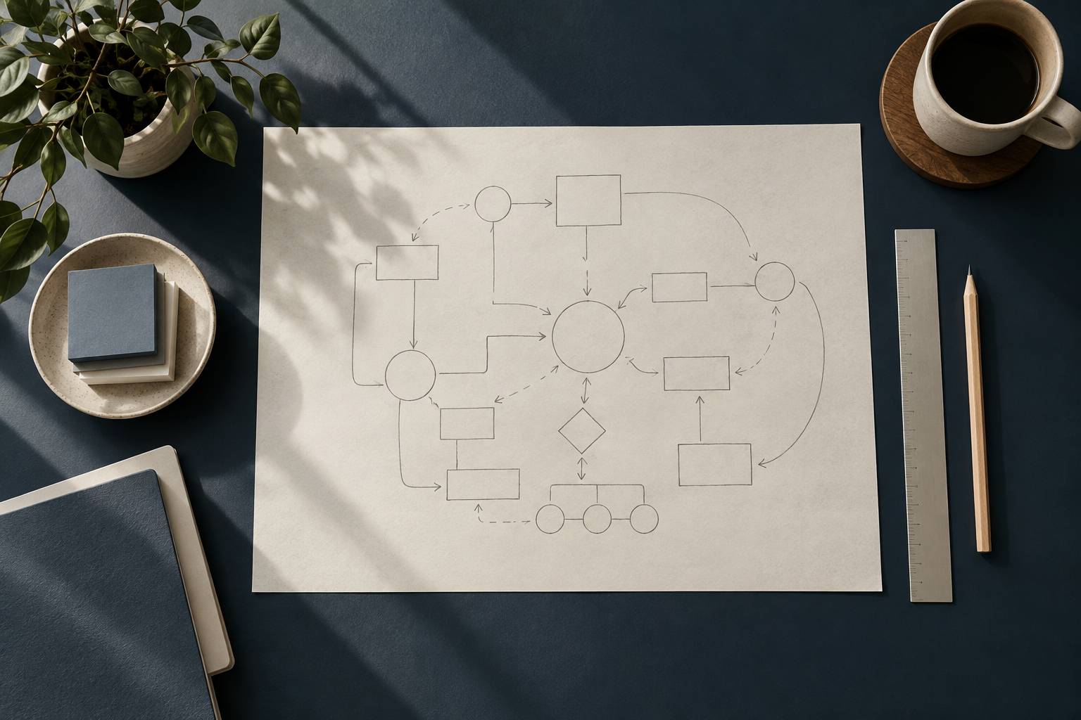 Schema au crayon et notes autocollantes vierges sur un plan de travail