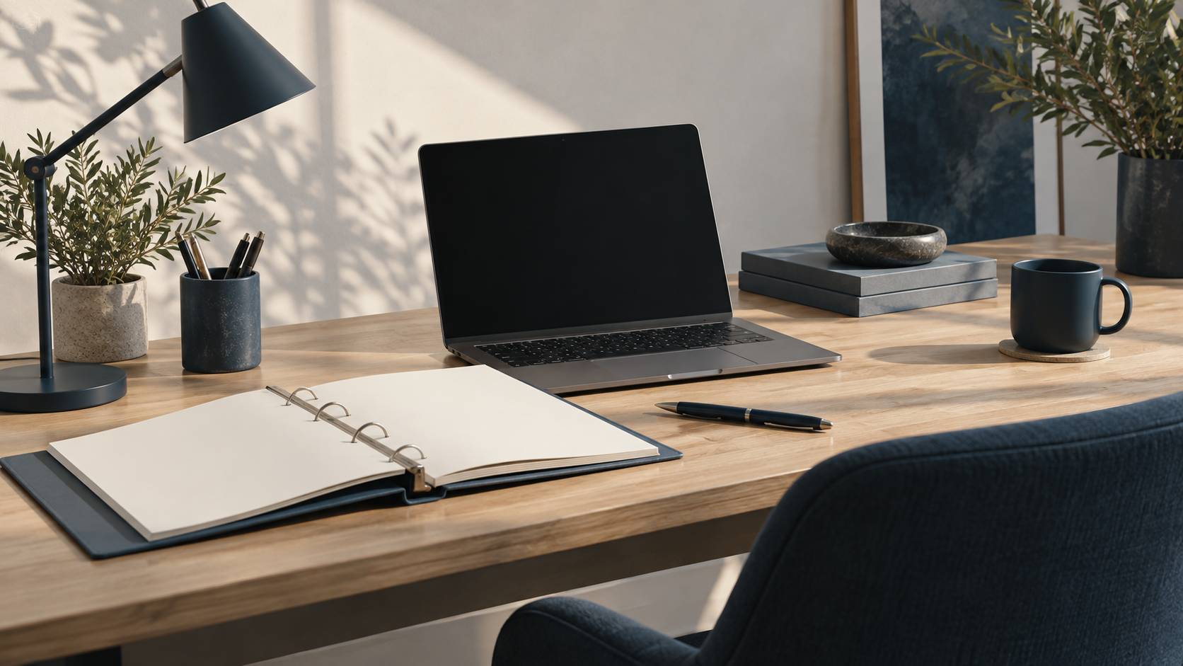 Classeur de documentation ouvert et ordinateur a ecran eteint sur un bureau