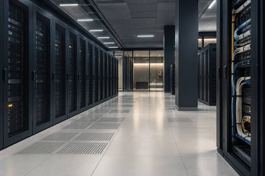 Baies de serveurs alignees avec cablage dans une salle technique