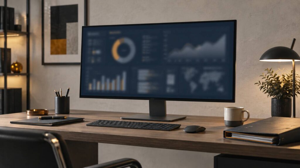 Poste de consultant avec écran de tableaux de bord flous et classeur technique