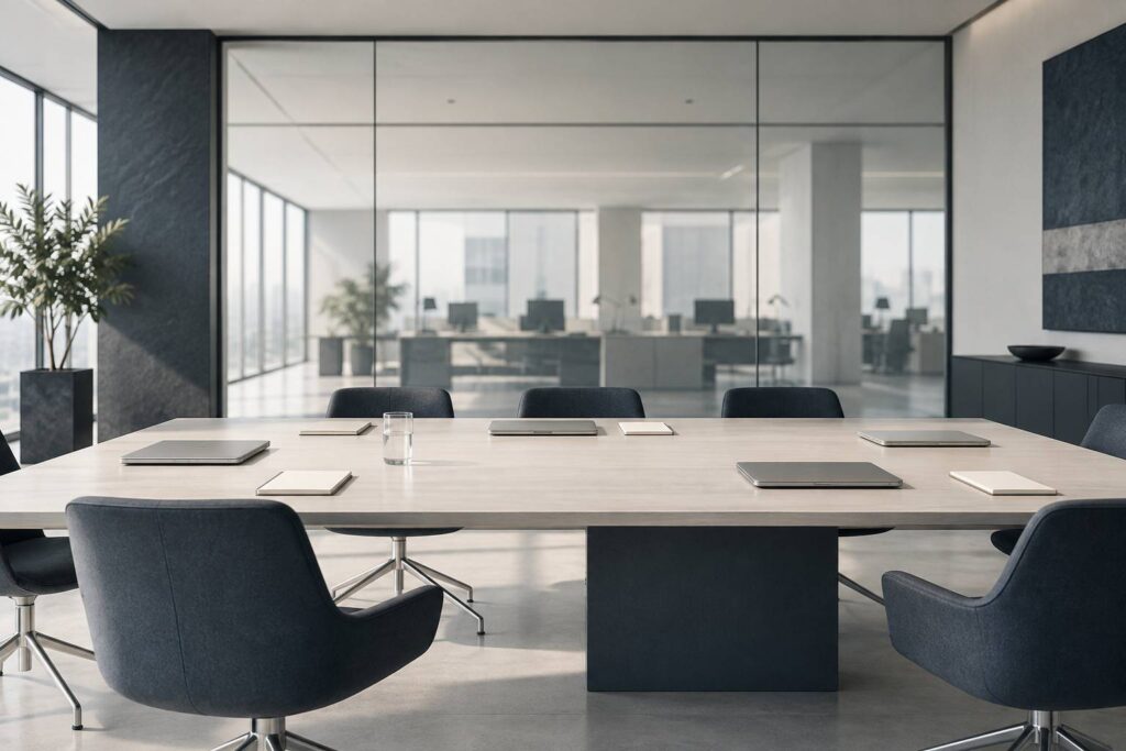 Salle de réunion sobre avec ordinateurs fermés et cloison vitrée