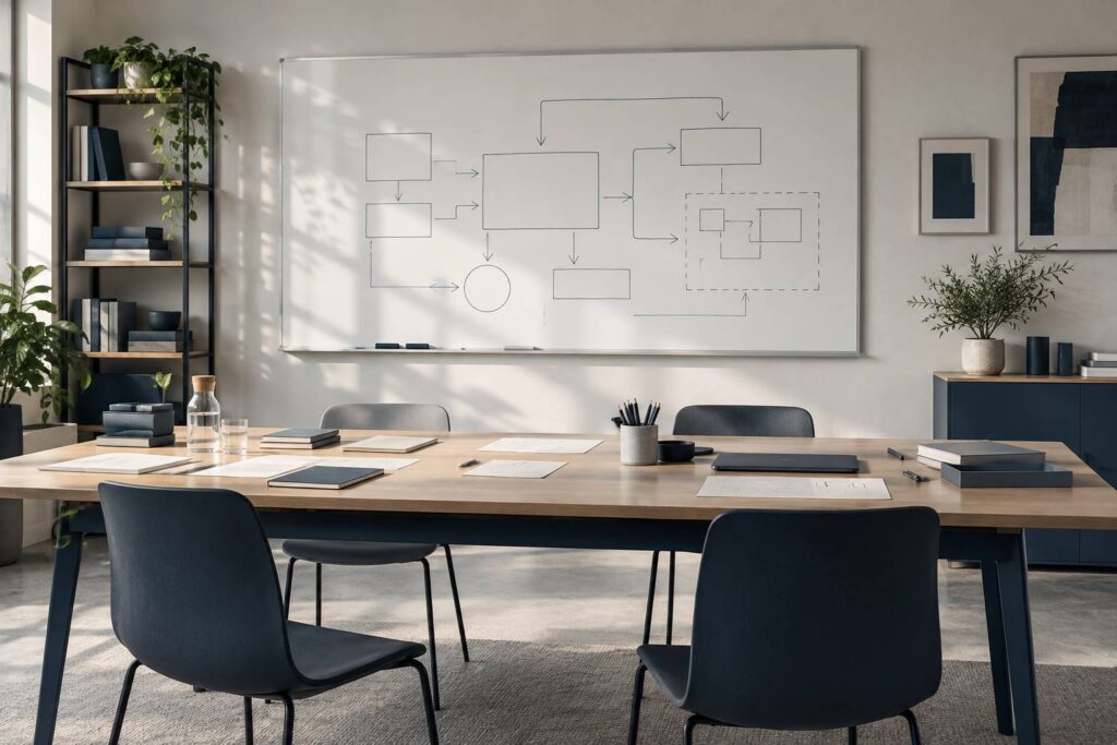 Tableau blanc avec schema de fleches dans une salle de travail
