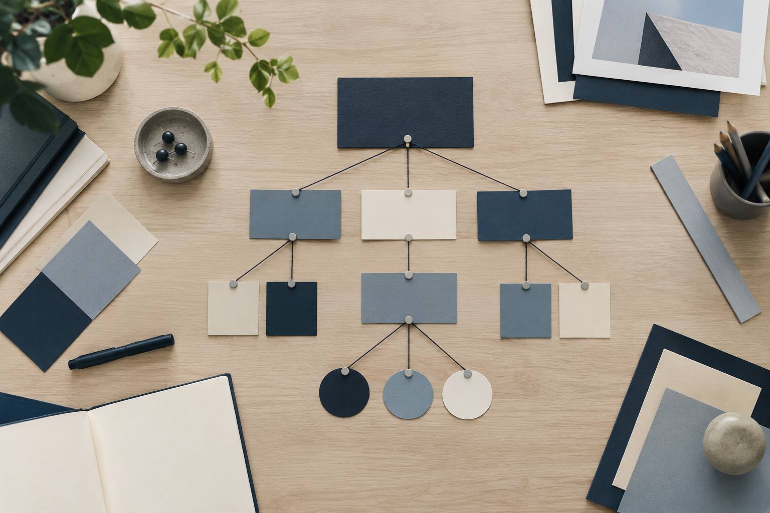 Fiches cartonnees reliees par des fils formant un schema