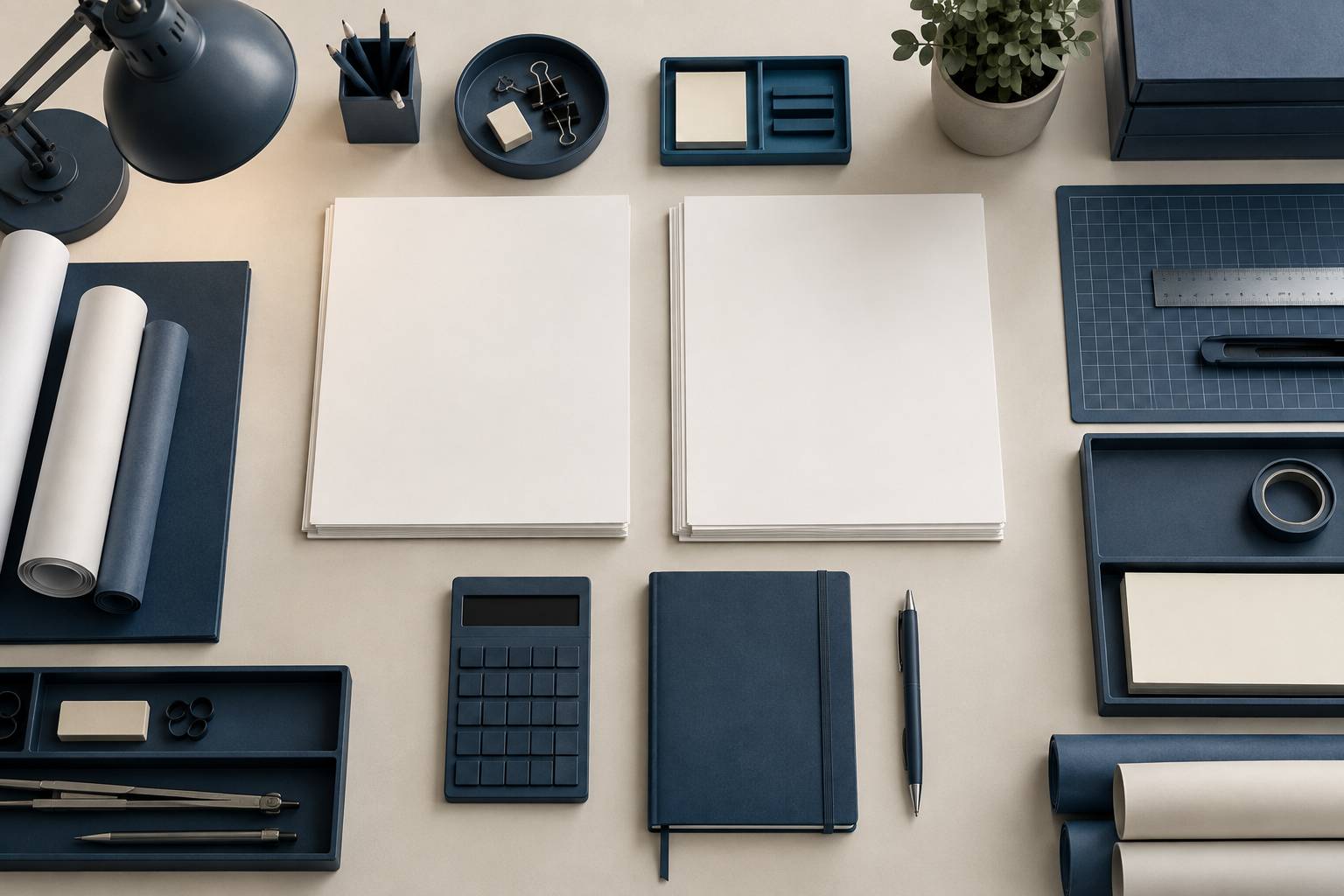 Documents, calculatrice et carnet posés sur un espace de travail clair