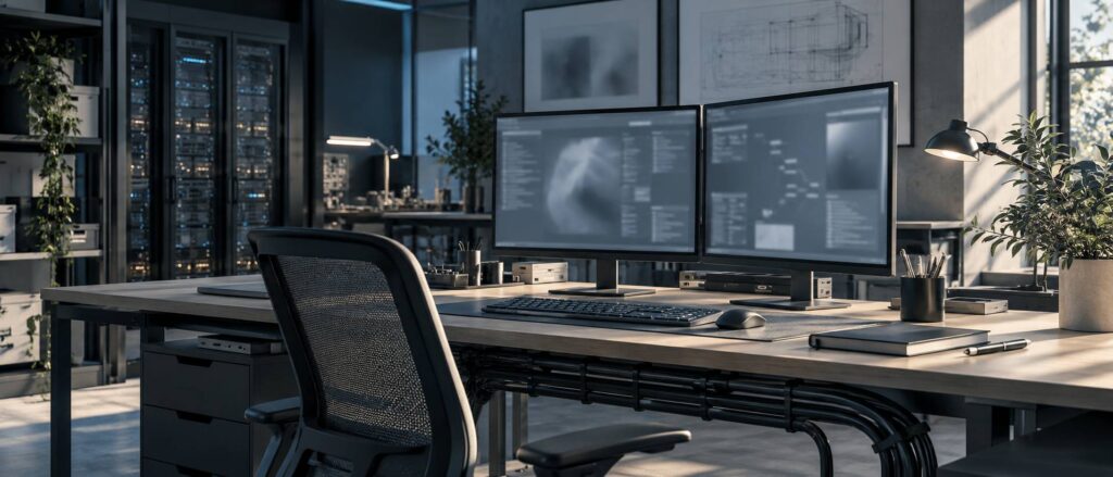Poste de travail technique avec écrans d'interface floue et baie serveurs en arrière-plan