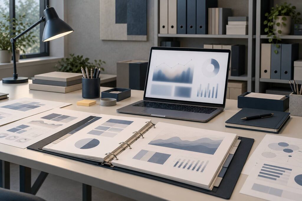Bureau d'atelier technique avec classeur de projet ouvert et tableaux de bord imprimés abstraits