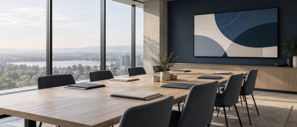 Salle de réunion avec écran mural de courbes abstraites et table de travail