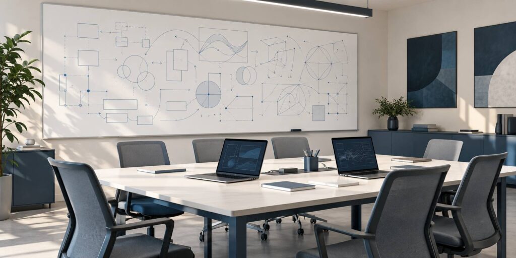 Salle de réunion avec tableau blanc de schémas abstraits et ordinateurs ouverts