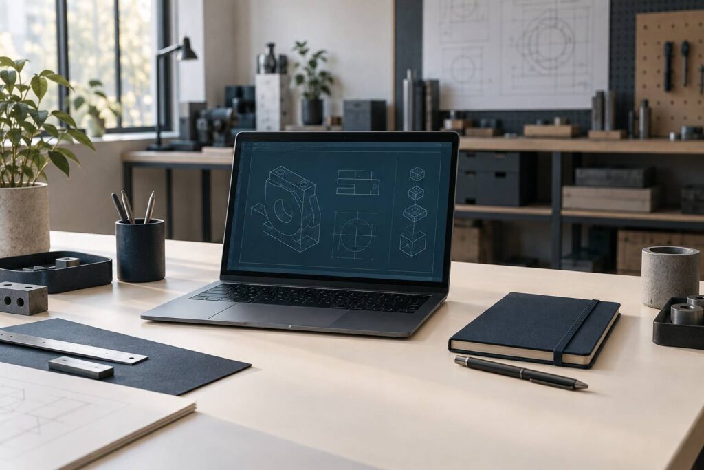 Ordinateur portable et schemas abstraits sur un bureau sobre
