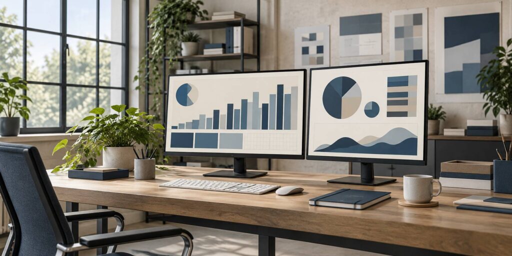 Écrans de bureau affichant des graphiques abstraits et des blocs de couleur